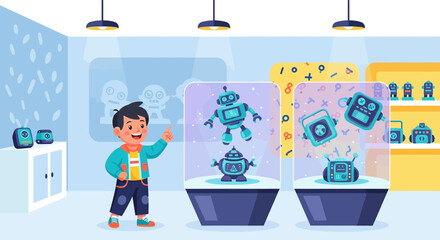 Enthusiastic young boy exploring a futuristic robot exhibit in a brightly lit modern museum gallery