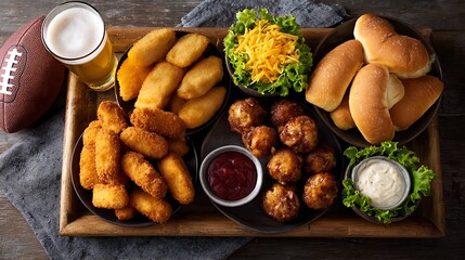 Table full of delicious snack for football game watching party for fans. Super Bowl, game day snacks
