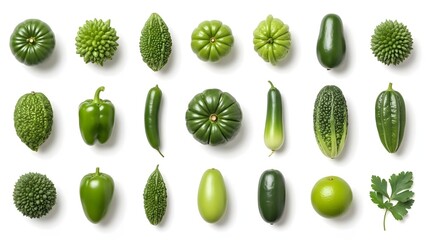 Assorted Green Fruits and Vegetables on White Background