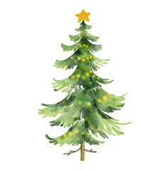 Fototapeta premium Green Christmas Tree with Yellow Decorations and Star Topper on Black Background