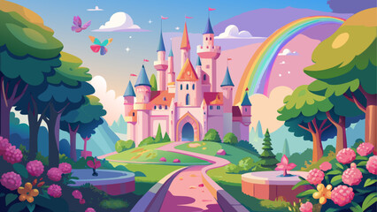 Fairy tale castle with rainbow and beautiful garden