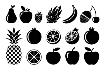 Fruit icons set in modern minimalist style with black silhouette on white background for graphic design