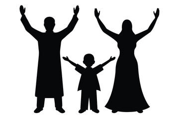 A silhouette of a happy family with a man woman and child standing together with their arms raised in celebration on a white background