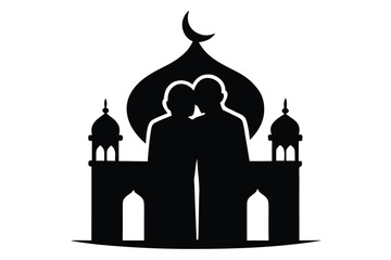 Silhouette of a couple in front of a mosque with crescent moon on top at night with islamic and architecture and romance