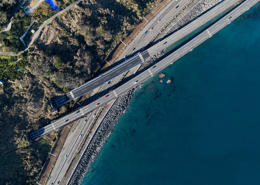 Aerial View of Route 1, Tokaido Line and Tomei Expressway Crossing the Pacific Coast