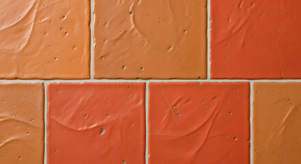 Close-up of square, terracotta-colored tiles with textured surfaces and grout lines, creating a geometric pattern