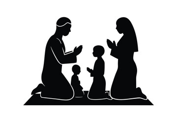 A family of four in black silhouette kneeling and praying together on a mat with hands raised in a gesture of supplication and devotion in a simple white