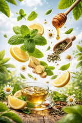 Herbal tea with mint lemon ginger and honey ingredients
