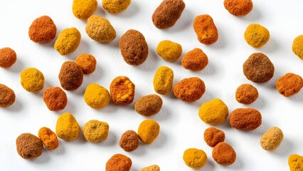 Colorful Rounded Granules Scattered on White Surface