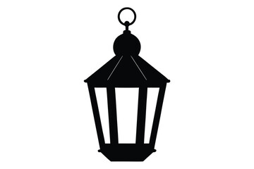 Black silhouette of a hanging lantern with a ring on top against a white background for design and decoration purposes