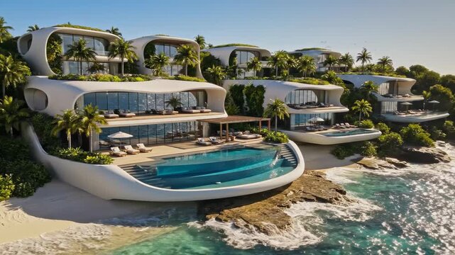 Luxury beachfront villas harmonize with nature on a sunny day in paradise Generative AI