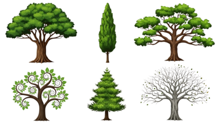 Diverse tree illustrations isolated on transparent background