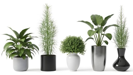 Five potted plants in different containers on a white background
