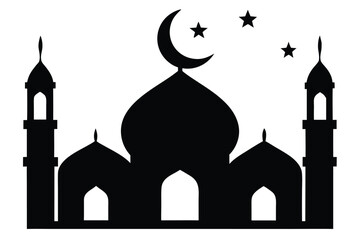 A serene black silhouette illustration of a mosque with crescent moon and stars at night on a white background for ramadan or islamic holiday themes