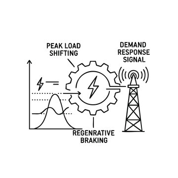 Diagram illustrating smart grid energy management concepts: peak load shifting, demand response signal, and regenerative braking.
