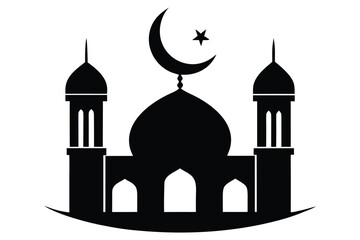 A serene black silhouette illustration of a mosque with domes and minarets under a crescent moon and star on a white background for islamic or cultural