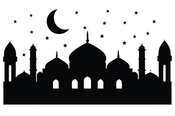 Islamic mosque silhouette at night with crescent moon and stars on white background for ramadan or eid celebrations