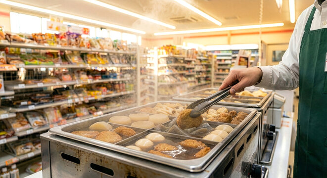 Store clerk with plain apron serving hot Oden ingredients from steaming metal pot in Japanese convenience store under natural light.