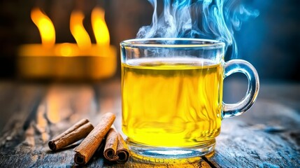 Steaming Herbal Tea with Cinnamon Sticks and Cozy Candlelight on Rustic Wood