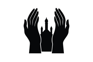 Black silhouette graphic illustration of raised hands shielding a mosque with minarets on white background for religious or cultural symbol use