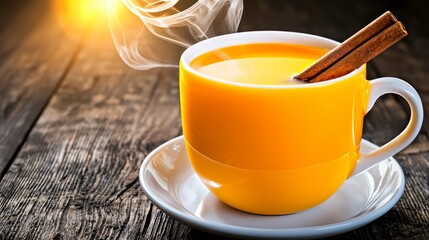 Steaming Hot Golden Drink with Cinnamon on Rustic Wood Table