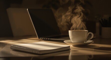 Coffee cup steaming near laptop and notebook in soft sunlight, workspace