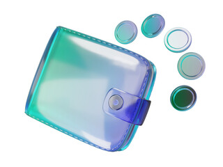 Wallet with coins icon isolated on transparent background. Gradient glass holographic design economy ecommerce financial money currency saving. 3d render