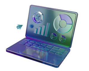 Holographic gradient glass computer growth chart technology analysis statistics diagram research information symbol data management on  laptop modern economy business financial. 3d render illustration