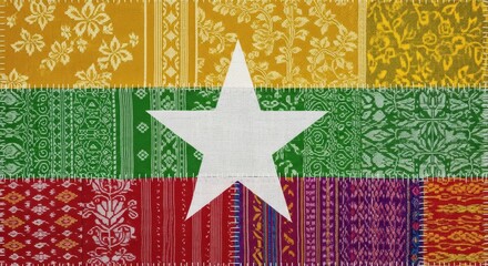 Myanmar national flag with textured fabric pattern, bold yellow green red stripes and white star, cultural Southeast Asian identity rendered in modern decorative textile style