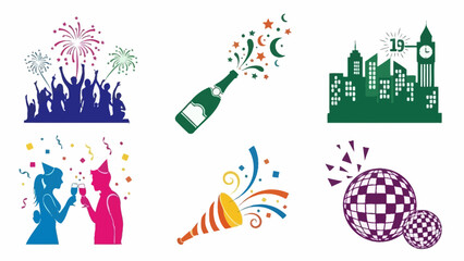 Celebratory party elements fireworks champagne cityscape and disco balls © ellisa_studio