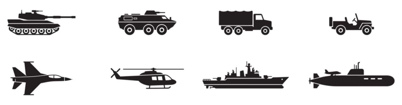 Military vehicle silhouette icon set with tanks, aircraft, helicopters, ships and trucks, black army transport symbols for defense design. Vector Illustration.