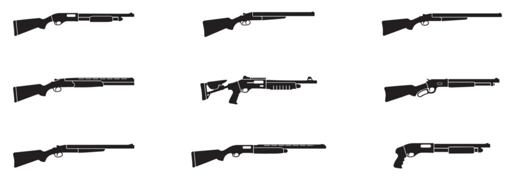 Shotguns icon set. Shotguns silhouette. Pump-action shotgun silhouette, firearm icon, weapon illustration, tactical gun, hunting gear, black and white vector, minimal design, safety concept.