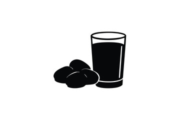 Black olives and a glass of juice or wine on a white background in a simple vector illustration style with simple design