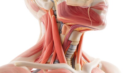 Detailed anatomical illustration of the human neck, highlighting muscles, and internal structures