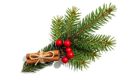Fresh green pine branch with red berries and cinnamon sticks tied with twine