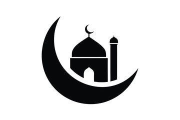 Islamic crescent moon symbol with mosque silhouette on white background for ramadan or eid celebrations with icon