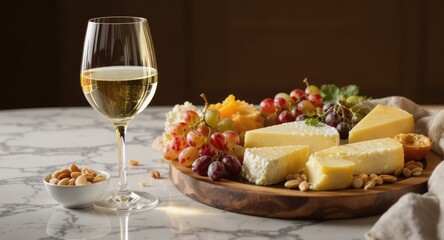 Elegant pairing a glass of wine beside a cheese board with grapes and nuts