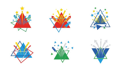 Colorful fireworks display set against geometric triangles designs