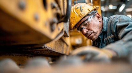 Construction worker wearing hard hat and safety glasses inspects heavy machinery in a workshop