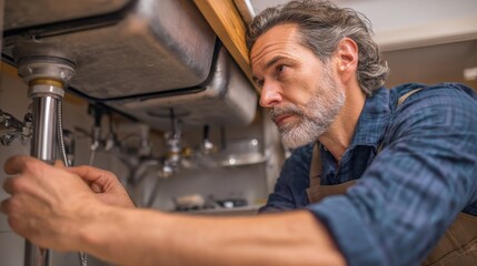 Middle aged man with beard repairing plumbing under a sink Plumber maintenance