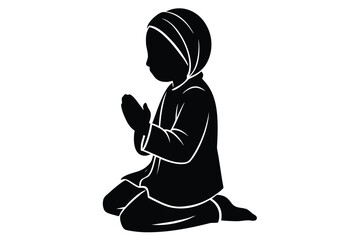 Black silhouette of a child in a hijab kneeling in prayer on a white background with hands clasped together with illustration