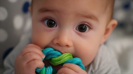 Close up of a baby's face with large dark eyes chewing on a blue and green soft toy