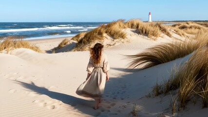 Woman walks along coastal sand dunes toward the ocean with windswept grasses and footprints tracing her path, the open sand and clear sky provide available space for text or layout elements in the com