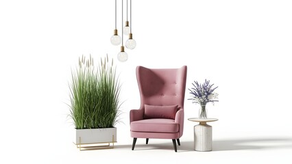 Pink Velvet Armchair with Pendant Lights and Plants