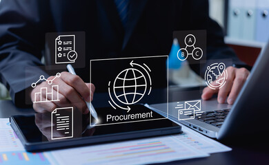 Businessman managing procurement workflow with logistics planning, supply chain coordination, inventory control, and import export processes to secure efficient product sourcing.