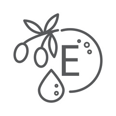Line icon of vitamin E and olive branch and oil drop. Pictogram for food supplements or healthy products. Black and white symbol for educational purposes, packaging, and nutritional content.