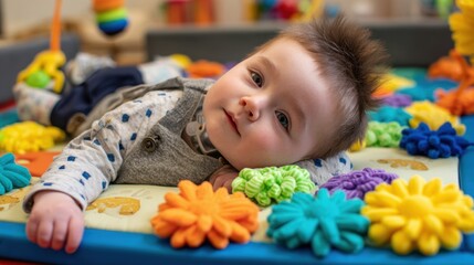 A baby boy lies on a colorful playmat surrounded by textured toys looking towards the camera