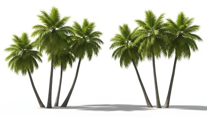 Six Tall Green Palm Trees on a White Background tropical