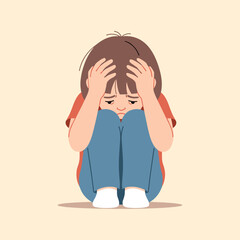 Sad child sitting on the floor with hands on head in distress  