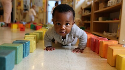 Adorable young African baby crawling among colorful wooden blocks in a playroom setting